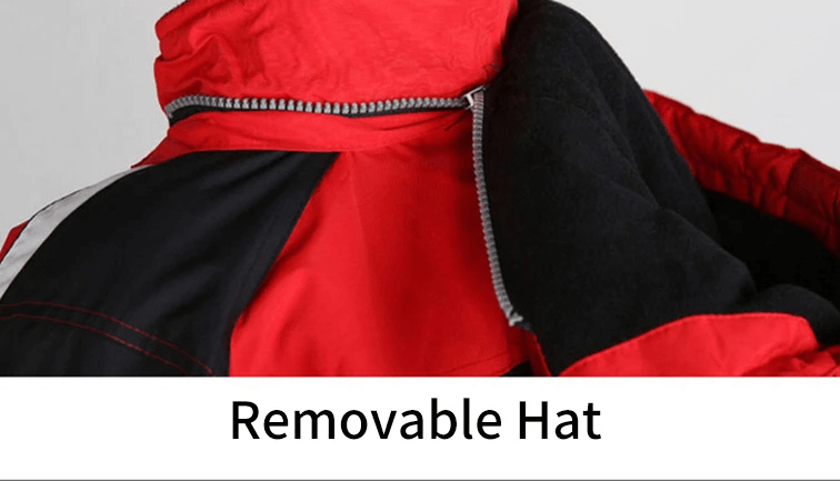 Red and black ski jumpsuit with removable hood feature, showcasing windproof and waterproof design for winter sports.